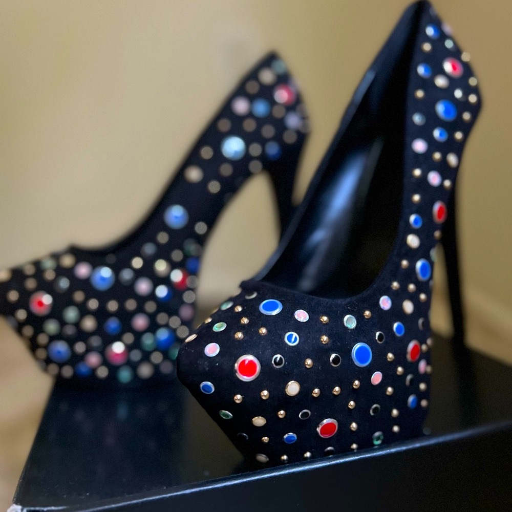 JustFab stiletto pumps, black jeweled 6inch heels, new in box, size 8
